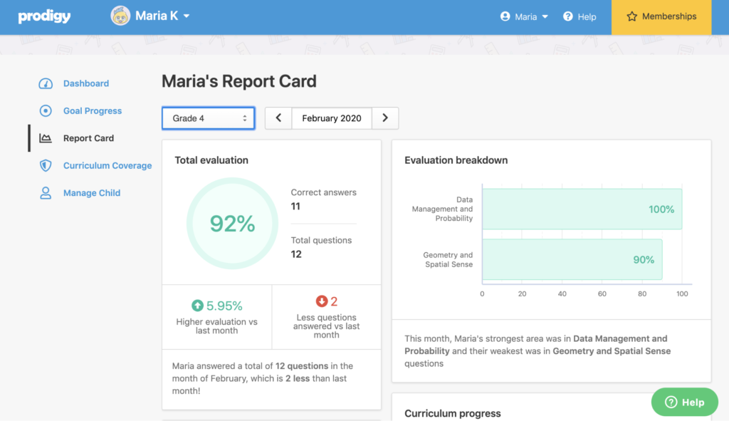 Report card view of parent account in Prodigy.