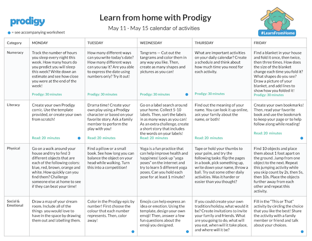Prodigy's weekly Learn From Home calendar to help you schedule your week with your child.