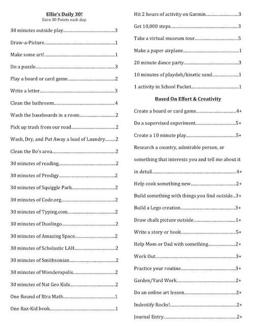 Daily activities list for child.