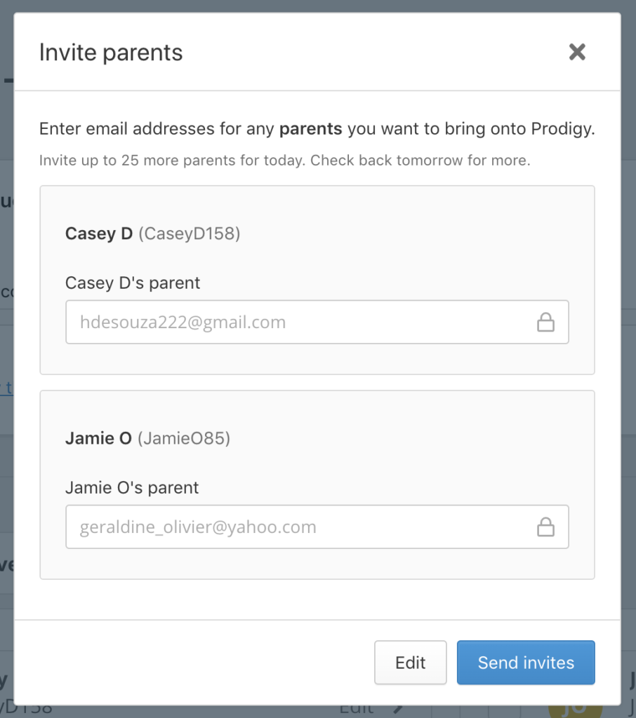 How to invite parents to Prodigy, Enter parent email addresses to invite them to Prodigy